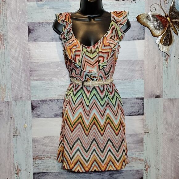 Teeze Me Sz 3 Multicolor Ombre Stripe Ruffle Sleeveless Summer Belted Dress 224 - Picture 1 of 9